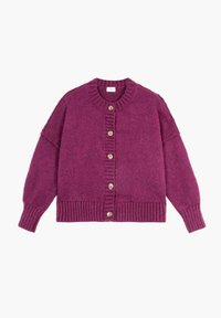 Cardigan mauve en tricot avec boutons, à manches longues et col, poignets et ourlet côtelés sur fond blanc.