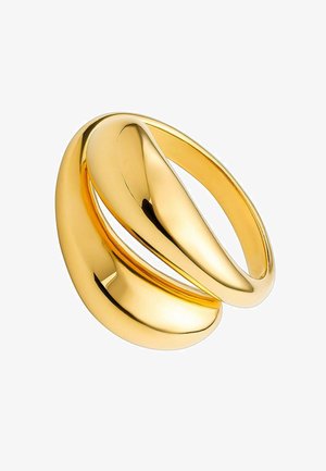 Anillo de doble banda en tono dorado que presenta un diseño suave y curvado con forma retorcida. Superficie pulida con un acabado reflectante y unión sin costuras.