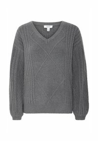 Grauer Strickpullover mit V-Ausschnitt, versehen mit erhabenen Rauten- und Zopfmuster. Lange Ärmel mit gerippten Bündchen und Saum.