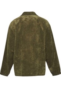 Olive green corduroy jacket with a collared neckline, long sleeves, and a relaxed fit. Features vertical ribbing texture and elastic cuffs.