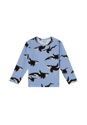 Blauwe langarmpul met een zachte stof, versierd met een patroon van zwart-witte orka's over de oppervlakte. Ronde halslijn, casual pasvorm.