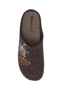 Ciemnoszare filcowe klapki z zamkniętym tyłem, z białymi i pomarańczowymi wzorami fajerwerków po bokach. Teksturowana cholewka i wygodne dopasowanie.
