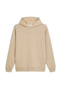 Beżowa bluza z kapturem wykonana z miękkiego materiału, z dużym, podwójnym kapturem, ściągaczami przy rękawach oraz minimalistycznym logo wytłoczonym z przodu.