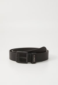 Black leather belt with a smooth texture, featuring a rectangular metal buckle and a branded label. Simple design suitable for various outfits.