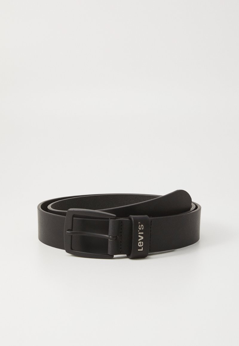 Black leather belt with a smooth texture, featuring a rectangular metal buckle and a branded label. Simple design suitable for various outfits.
