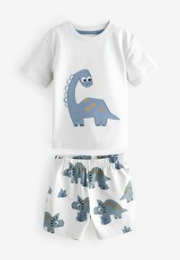 Dwuczęściowy zestaw dla dzieci składający się z białej koszulki z krótkim rękawem z niebieskim wzorem dinozaura oraz spodenek w białym kolorze z szarymi dinozaurami.