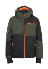 Veste de neige pour homme avec un design coloré en vert foncé et noir, accents de fermeture éclair orange et une poche sur le devant de la poitrine.