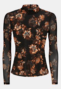Haut en maille noir à manches longues avec des motifs floraux orange et bleu, un col montant et une silhouette ajustée. Tissu texturé et léger.