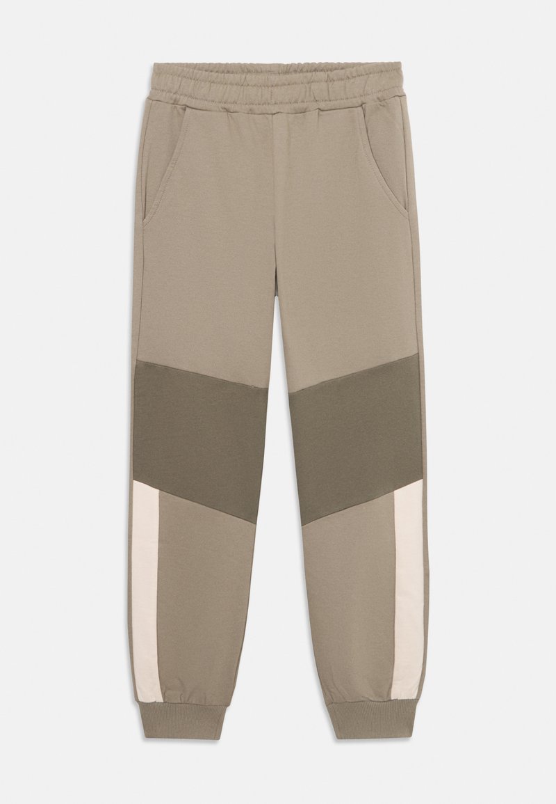 Pantalons de survêtement légers en beige, avec des panneaux en couleur bloquée en vert foncé et rose doux. Taille élastique avec poches latérales.