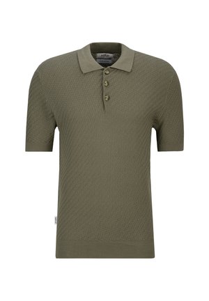 Olijfgroen poloshirt met korte mouwen, gestructureerd breipatroon en drie knopen op de voorste knoopsluiting.