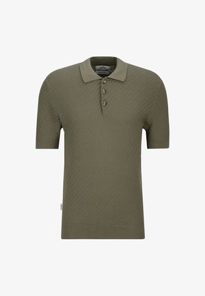 Olijfgroen poloshirt met korte mouwen, gestructureerd breipatroon en drie knopen op de voorste knoopsluiting.