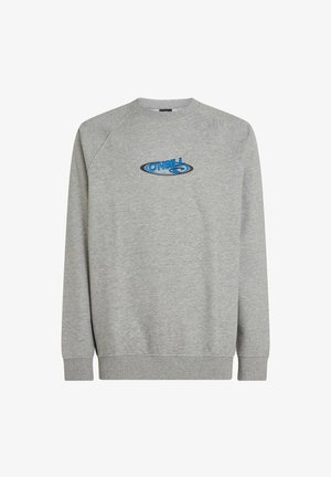 Sweat-shirt gris avec un col rond, des manches raglan et des poignets côtelés. Présente un logo bleu et noir au centre devant.