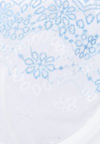 Valkoinen pitsikangas, jossa on sinisiä kukkakuoseja ja monimutkaista yksityiskohtaa, esitellen herkän, puoliksi läpikuultavan rakenteen. Reunoilla ympyräinen muoto.