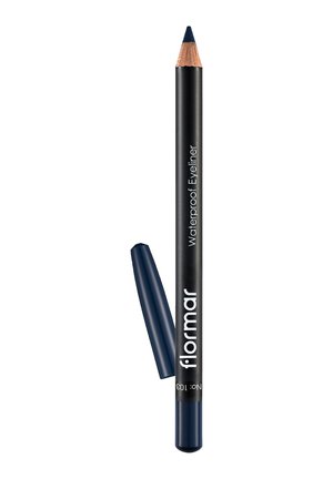 Black waterproof eyeliner pencil with navy blue cap removed, labeled "flormar NO:103" on a white background.