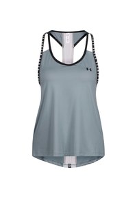 Camiseta atlética de color gris claro con acentos negros, con un dobladillo redondeado, tirantes ajustables y detalles del logo en los tirantes.