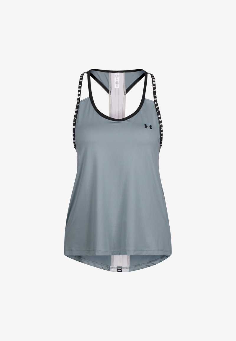 Camiseta atlética de color gris claro con acentos negros, con un dobladillo redondeado, tirantes ajustables y detalles del logo en los tirantes.