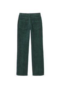 Pantalons en velours côtelé vert à coupe droite, dotés de deux poches arrière et d'un tissu texturé. Taille simple avec passants de ceinture, sans embellissements.