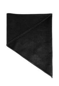 Black fleece neck warmer with a triangular shape and smooth texture, featuring a seam detail and soft finish. Ideal for cold weather.