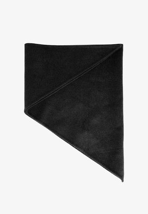 Scaldacollo in fleece nero con forma triangolare e superficie liscia, caratterizzato da un dettaglio di cucitura e una finitura morbida. Ideale per il freddo.