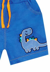 Blue shorts with orange drawstring, featuring a stitched dinosaur design in gray, accented with green and orange details. Denim texture.