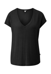 T-shirt nera con scollatura a V realizzata in tessuto a coste, con maniche corte e vestibilità rilassata. Texture pronunciata con sottili linee verticali.