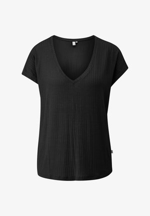 Czarny t-shirt z dekoltem w serek wykonany z prążkowanej tkaniny, z krótkimi rękawami i luźnym krojem. Wyraźna tekstura z subtelnymi pionowymi liniami.