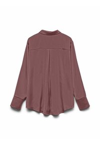 Langærmet bluse i mauve i et glat, skinnende stof. Har rygstykke og buet kant. Ærmerne har knapmanchetter.