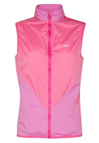 Růžová bezrukávová vesta s vysokým límcem, vybavená předním zipem. Dvoubarevný design se tmavšími a světlějšími růžovými sekcemi. Jemné logo na hrudi.