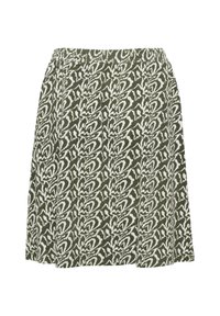 Jupe verte à motifs avec une taille élastique et un design fluide, agrémentée d'un imprimé abstrait blanc. Fabriquée en tissu léger.