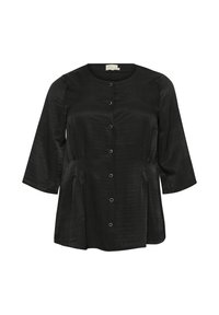 Blusa negra de botones con cuello redondo, mangas de tres cuartos, tejido texturizado y detalles recogidos en los laterales con botones metálicos.
