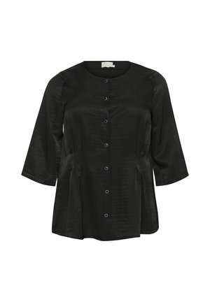 Schwarze Bluse mit Knopfleiste, rundem Ausschnitt, drei Viertelärmeln, strukturiertem Stoff und gerafften Seitendetails mit metallischen Knöpfen.