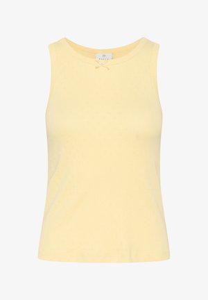 Top fără mâneci, de culoare galben pal, cu guler rotund, având un model texturat și un mic detaliu cu fundiță la guler. Potrivit pentru îmbrăcăminte casual.