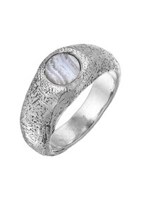 Silver ring with a textured surface and a central oval stone featuring grey and white swirling patterns. Smooth inner band.