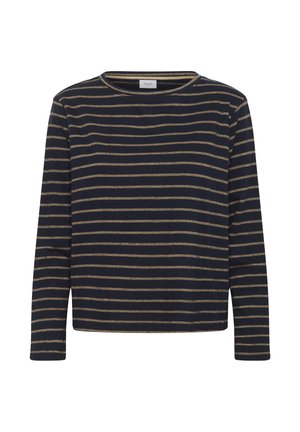 Bluză cu mâneci lungi, cu dungi în culoarea bleumarin și bej, cu guler rotund și croială lejeră. Confecționată dintr-un material moale cu textură netedă.