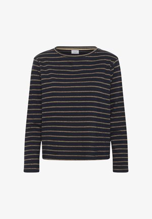 Bluză cu mâneci lungi, cu dungi în culoarea bleumarin și bej, cu guler rotund și croială lejeră. Confecționată dintr-un material moale cu textură netedă.