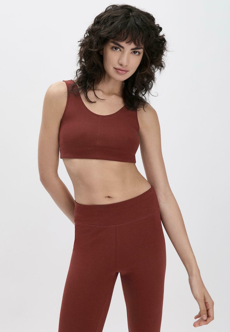 Roodbruine sportbeha en high-waisted leggings, gemaakt van gladde stof, met een eenvoudig ontwerp en een aansluitende pasvorm.