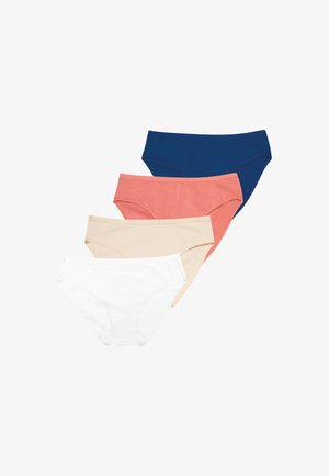 Quatre paires de culottes pour femmes en blanc, nude, corail et marine. Fabriquées en coton doux, avec une coupe classique et une finition lisse.