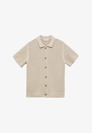 Maglietta a maniche corte lavorata a maglia beige con colletto polo, dotata di un motivo a trama aperta, cinque bottoni sul davanti e orlo a coste.