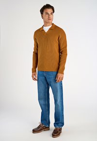 Pull en polo marron à manches longues et col en V, associé à un jean droit bleu et des chaussures bateau marron. Textures simples et lisses.