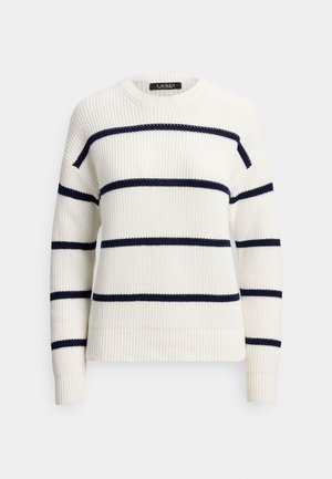 Witte gebreide trui met navy blauwe horizontale strepen, ronde hals, geribbelde manchetten en zoom. Gegarandeerde stof met een casual pasvorm.