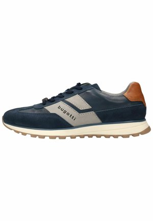 Men's navy blue and gray Bugatti sneaker with suede and leather upper, brown heel tab, white midsole, and textured rubber outsole.