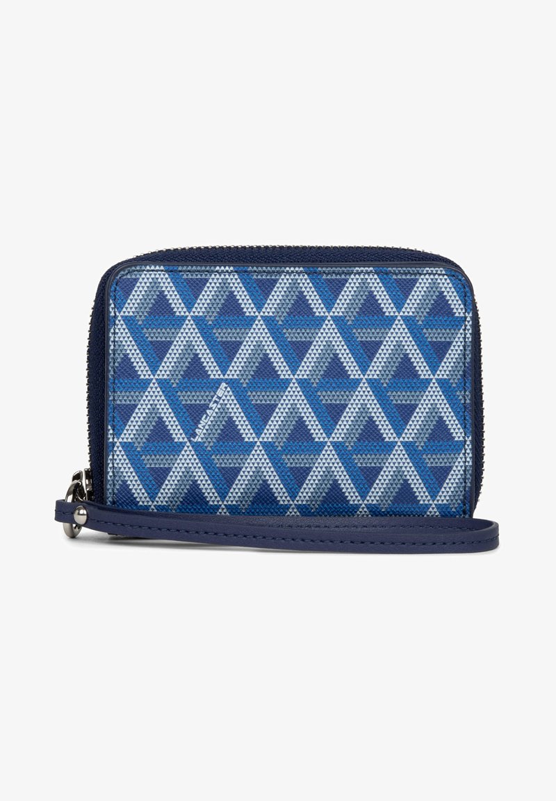 Portefeuille bleu à motif avec un design géométrique triangulaire, fabriqué en tissu à texture lisse, doté d'une fermeture zippée et d'une lanière pour le poignet.