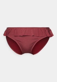 Parte de baixo de bikini bordeaux com uma cintura com babados, textura suave e forro interior em contraste. Corte clássico de calcinha com bordas elásticas.
