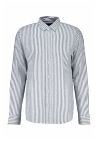 Camisa de hombre de manga larga con botones, rayas verticales azules y blancas y un cuello clásico.