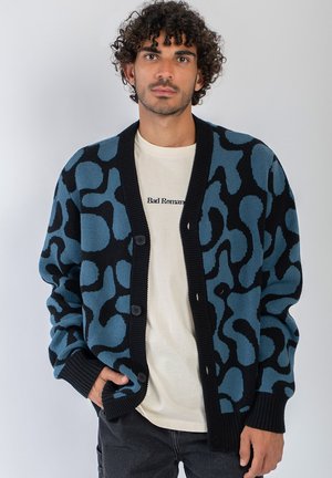 Mand med krøllet hår iført en blå og sort mønstret cardigan over en hvid t-shirt med teksten "Bad Romance", stående med en hånd i lommen.