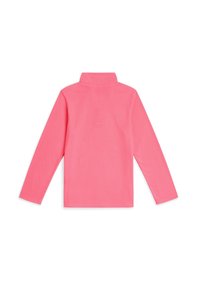 Jersey de manga larga hecho de una tela suave y lisa en un brillante color rosa, con un cuello alto y sin gráficos ni patrones visibles en la parte posterior.