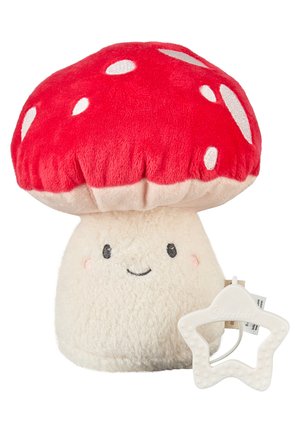 Plush mushroom toy with red cap, white spots, smiling face, and attached white star-shaped teething ring.