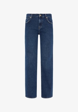 Mørkeblå denim jeans med lige ben design, fem lommer og knaplukning. Har synlige sømme og et struktureret stof.