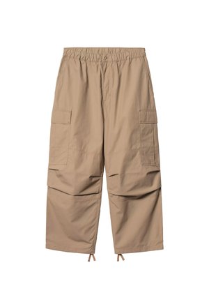 Pantaloni cargo beige con vita elasticizzata, chiusura con bottone, tasche laterali con patta, dettagli delle cuciture sulle ginocchia e coulisse regolabili ai polsini delle caviglie.