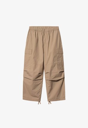 Pantaloni cargo beige con vita elasticizzata, chiusura con bottone, tasche laterali con patta, dettagli delle cuciture sulle ginocchia e coulisse regolabili ai polsini delle caviglie.